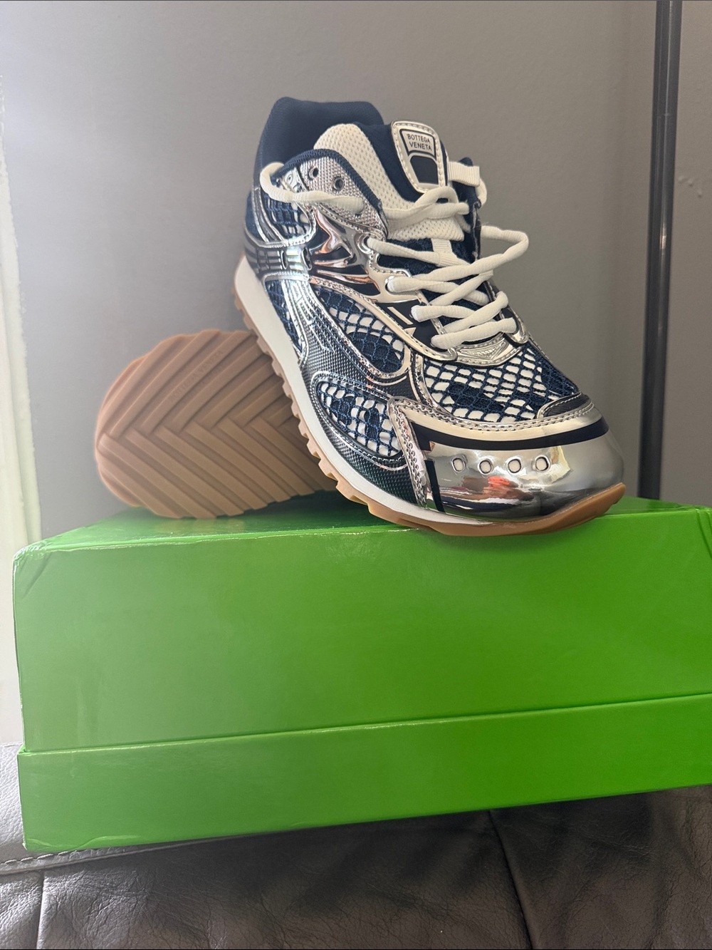 Bottega Veneta Silver & Navy Mesh Tennis Sneakers - Picture 2 of 6